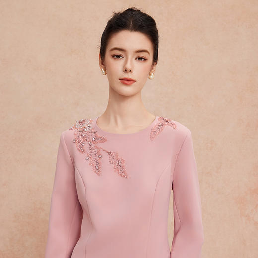 QG806斯尔丽25新款小礼服宴会着装手工立体绣珠收腰直身端庄优雅连衣裙 商品图4