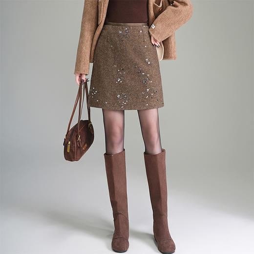 重工贴钻小香风洋气半身裙小个子高腰A字裙MYX95879 商品图1