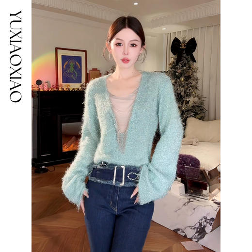 余潇潇【深V杀手】低调奢华感金丝羽毛纱细链条显瘦V领女士上衣 商品图3