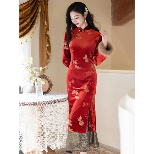 红色好运锦鲤新中式改良旗袍，新年服气质优雅鱼尾裙LSB4279 商品图0