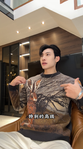 88118SDSA男士秋冬新款痞帅男装简约彩绘卡通兔子圆领毛衣百搭复古上衣