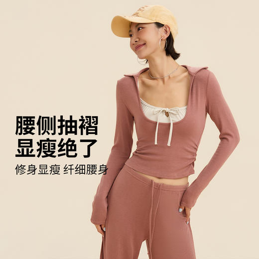 跃牌【禅语梵心】翻领大领口健身服女芭蕾运动上衣跑步长袖T恤弹力瑜伽服CX3526 商品图0