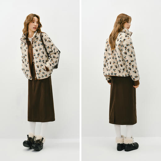 森马外套女冬季仿羊羔毛摇粒绒立领宽松图案2025新款时尚复古夹克 商品图4