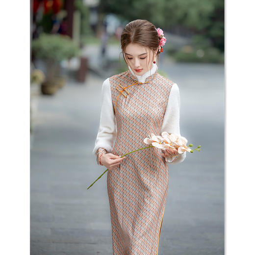 时尚拼接年轻少女款长款加厚倒大袖旗袍2025冬季新款日常宽松旗袍12663 商品图0