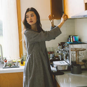 绽放794朵/叠搭神器格子裙·纯亚麻格纹中长款长袖连衣裙2025新款
