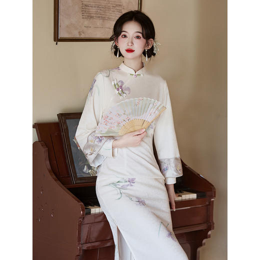 米白色秋冬倒大袖国风旗袍LSB3997 商品图1