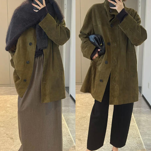 HIDEMI 进口西班牙羊麂皮/胎羊皮廓形中长款立领口袋皮衣大衣外套 商品图1