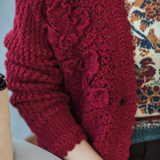 【林栖设计小店】【手工钩花】（预12.7）红色毛织外套镂空肌理2025秋冬新款开衫上衣女G1954271 商品图5