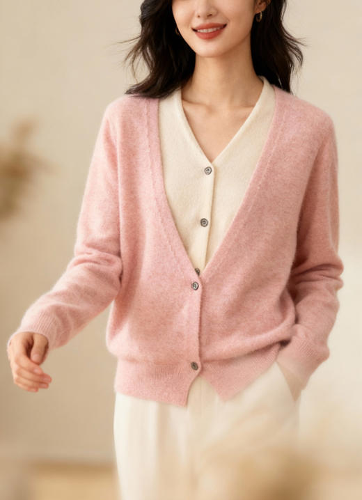 羊毛羊绒混纺假两件 V 领四粒扣开衫 商品图3