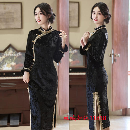 复古中国风长款丝绒花边加绒旗袍2025冬季新款中老年女士宴会旗袍11819 商品图1