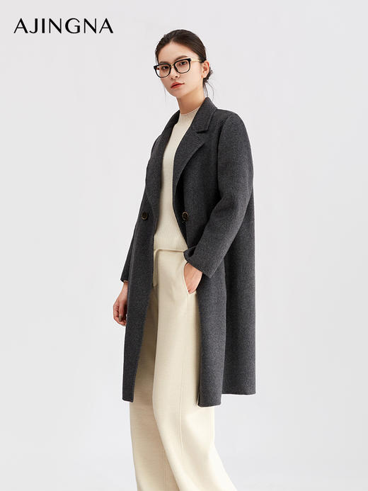 【商场同款】阿菁娜冬季新款长款双排扣羊毛呢子大衣西装领通勤休闲两穿A30D511086 商品图3