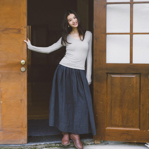 绽放791朵/超适配长半裙·色织亚麻碎褶半身长裙女文艺百搭半身裙 商品图1