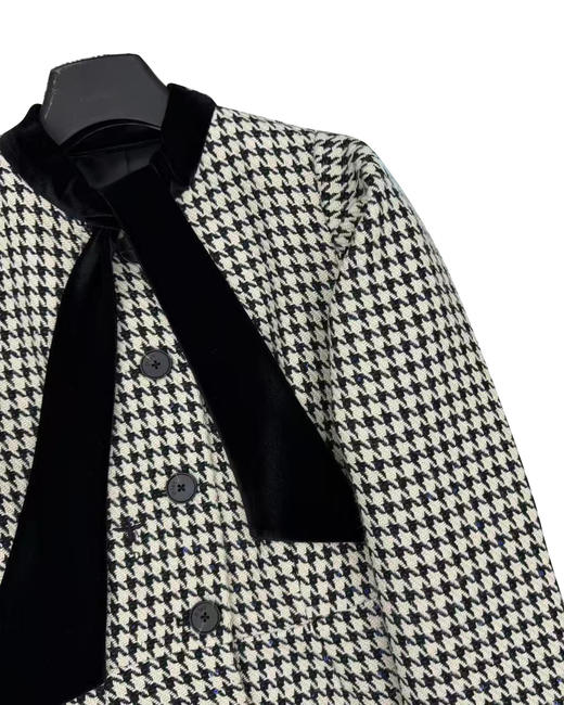 女款丝绒系带千鸟格泡泡袖外套he010 商品图2