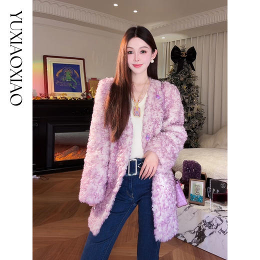 余潇潇【巴黎紫水晶】高级层次感晕染精致紫色水钻V领中长款外套 商品图0