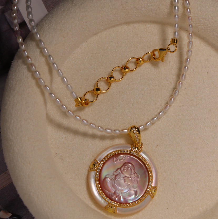 粉贝 笑口常开 福气满满 粉弥勒 高端母贝雕刻 手工精修开脸 配珍珠链一体组合装