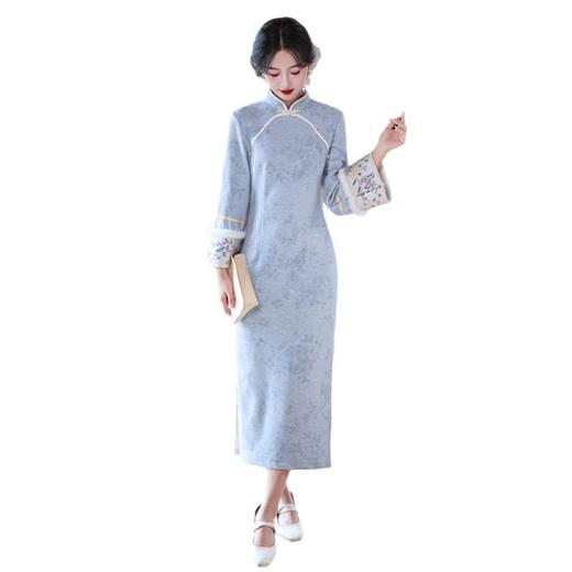 麂皮绒加绒长款倒大袖旗袍2025冬季新款时尚改良年轻少女日常旗袍11838 商品图4