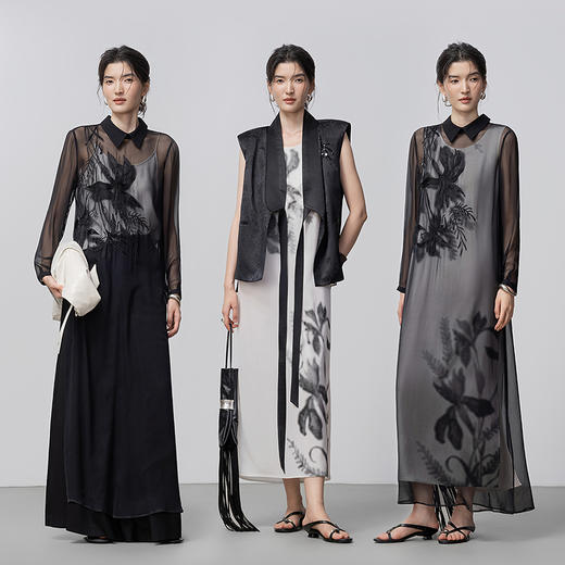 【林栖设计小店】【手工钉珠】笔墨花事生活在左印花连衣裙两件套2026早春新款花仙子长裙女1961126 商品图3