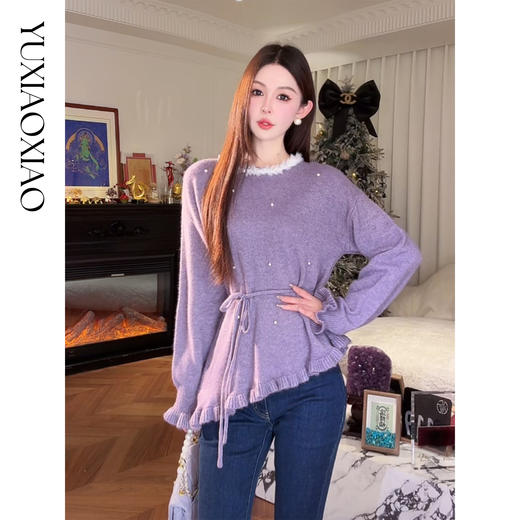 余潇潇【甜心欧蕾】复古甜美荷叶边缝珠山羊绒混纺羊毛衫配同色腰绳 商品图3