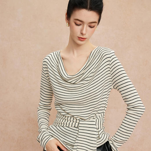 QG652斯尔丽25新款细针精纺纱线不对称收腰系带设计显高毛衫条纹上衣 商品图4