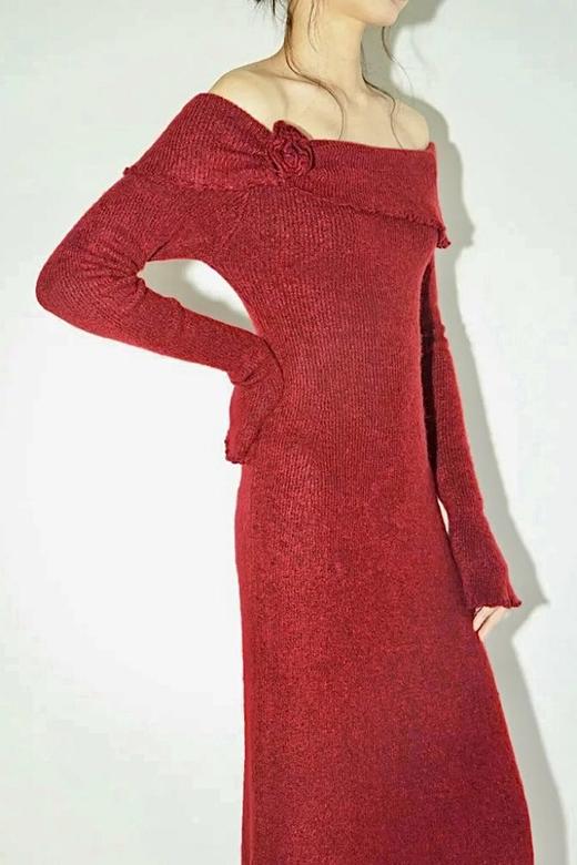 SIA SAYLOR 红色玫瑰花一字肩修身连衣裙 21807 商品图3