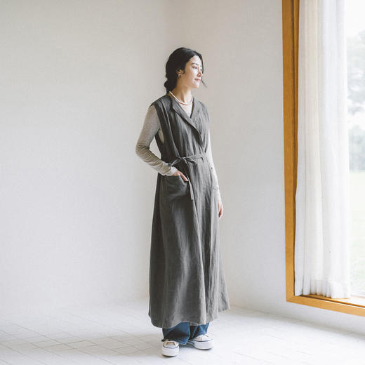 绽放599朵/无束风衣·汉麻开襟无袖马甲式风衣中长款文艺外搭新款 商品图0