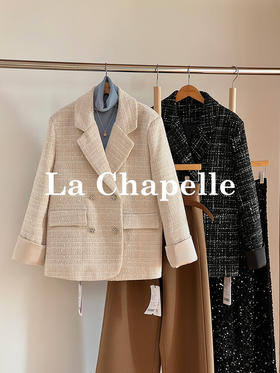 拉夏贝尔/La Chapelle高级感重工编织小香风外套~翻领双排扣廓形西装