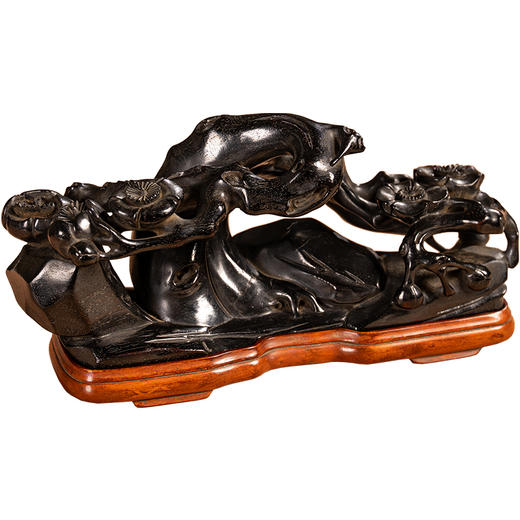 清	紫檀木雕梅花纹山子摆件（黄杨木座） 商品图5