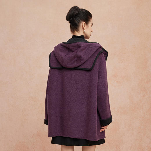 QH937斯尔丽2025冬季新款含羊绒撞色包边时尚带帽一手长双面双色大衣 商品图6