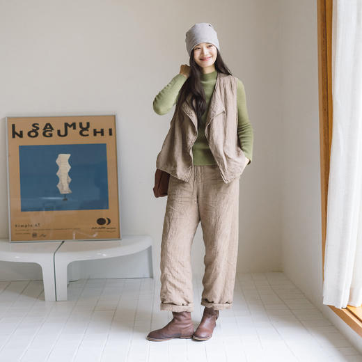 绽放865-866朵/腔调马甲套装·亚麻宽松斜襟棉服马甲直筒显瘦棉裤 商品图1