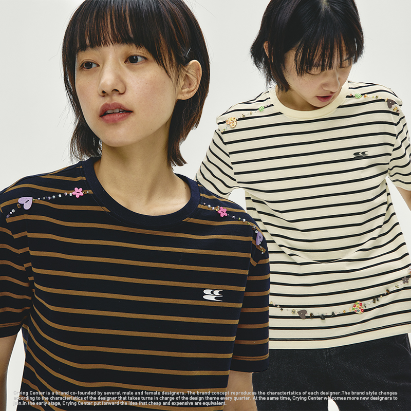 CryingCenter 女款正肩圆弧钉珠条纹短袖 哭喊中心