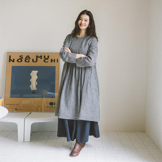 绽放794朵/叠搭神器格子裙·纯亚麻格纹中长款长袖连衣裙2025新款 商品图2