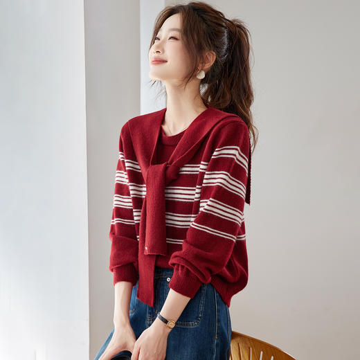 学院风圆领披肩条纹毛衣，宽松百搭针织衫上衣打底套头HR-XFY-3269 商品图1