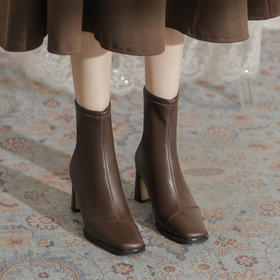 【服饰鞋包】-法式方头复古短靴女气质百搭粗跟后拉链秋冬显瘦马丁靴