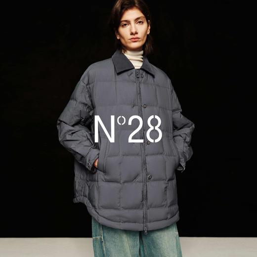 N°28 90白鸭绒羽绒服女秋冬新款撞色pu皮翻领中长款宽松保暖外套8955A1R105 商品图1