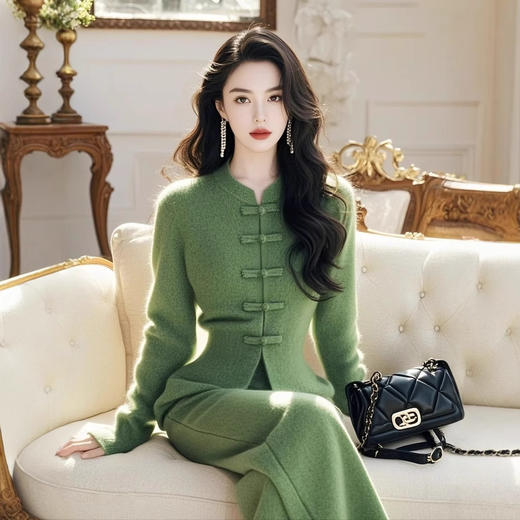 秋冬高级感小香风新中式国风盘扣毛衣裤子套装 商品图1