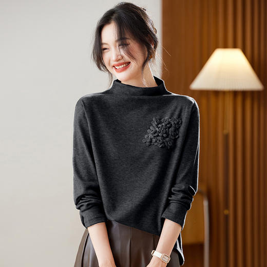 休闲慵懒风半高领扎花毛衣，长袖别致漂亮打底衫上衣CC-SD1074 商品图3