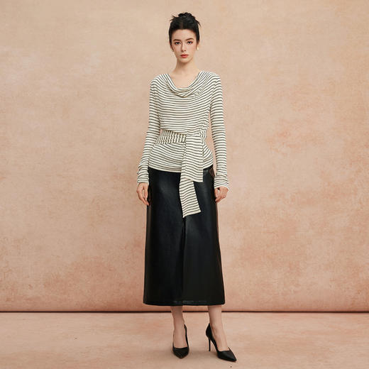 QG652斯尔丽25新款细针精纺纱线不对称收腰系带设计显高毛衫条纹上衣 商品图3