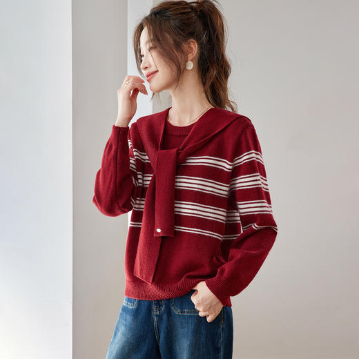 学院风圆领披肩条纹毛衣，宽松百搭针织衫上衣打底套头HR-XFY-3269 商品图3