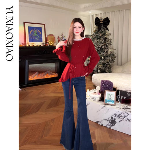 余潇潇【甜心欧蕾】复古甜美荷叶边缝珠山羊绒混纺羊毛衫配同色腰绳 商品图4