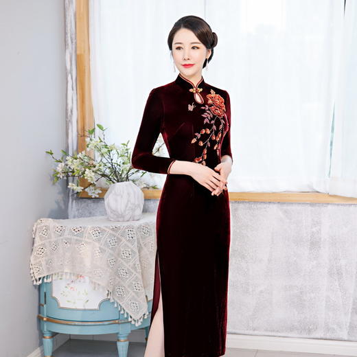 加绒加厚复古金丝绒旗袍婆婆装敬酒服大码HYX7399 商品图1