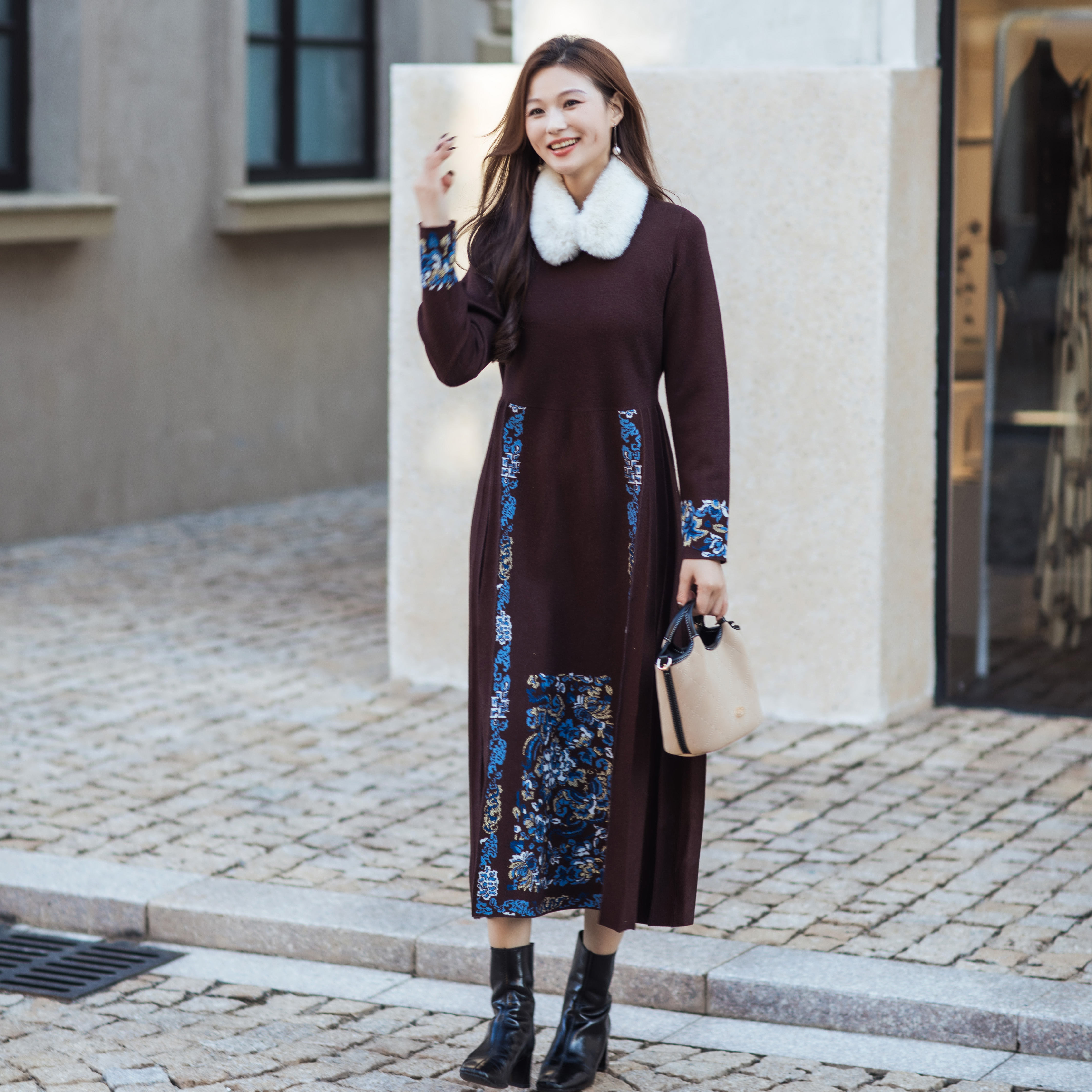 【林栖设计小店】生活在左毛织连衣裙改良马面裙2025秋冬新款提花长裙1954272