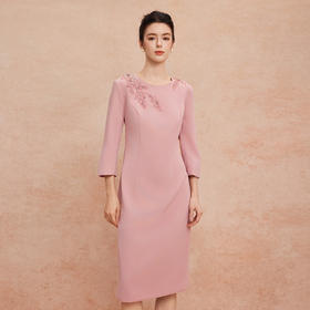 QG806斯尔丽25新款小礼服宴会着装手工立体绣珠收腰直身端庄优雅连衣裙