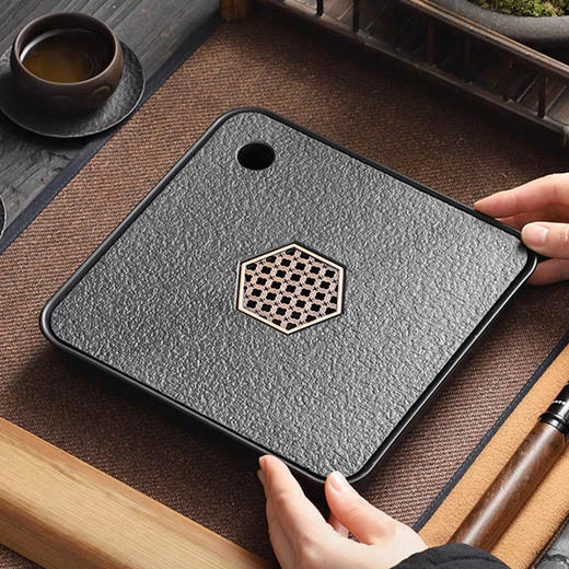 「中式仿乌金瓷石茶盘」茶具小型四方茶台储水排水式干泡台家用茶盘餐饮用具 商品图0