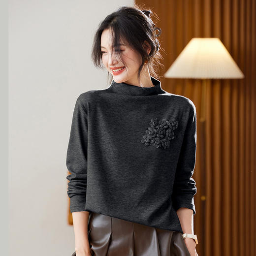 休闲慵懒风半高领扎花毛衣，长袖别致漂亮打底衫上衣CC-SD1074 商品图1