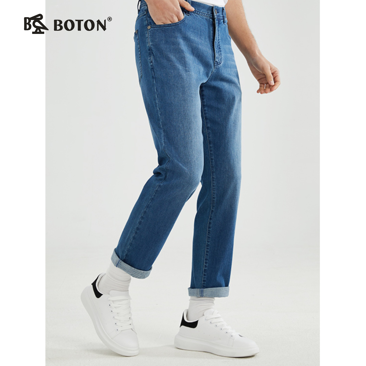 波顿薄款男士浅蓝色直筒牛仔长裤高端经典ME861123