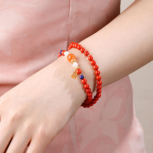 岸纾 天然朱砂南红玛瑙双圈精品手串 商品图1