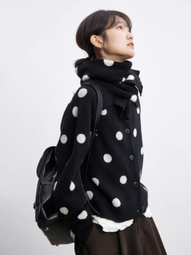 步履不停/5D13308C/翻领波点毛衣开衫