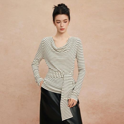 QG652斯尔丽25新款细针精纺纱线不对称收腰系带设计显高毛衫条纹上衣 商品图0