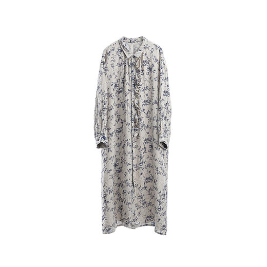 绽放女装810朵/蓝染花·亚麻衬衫领浪漫木耳边宽松长袖连衣裙新款 商品图4