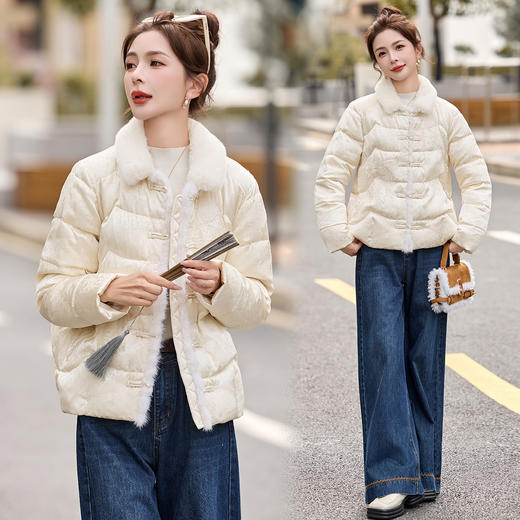 温暖新中式国风刺绣短款羽绒服，毛领真水貂毛洋气减龄白鸭绒外套HR-MEIQIN59179 商品图3